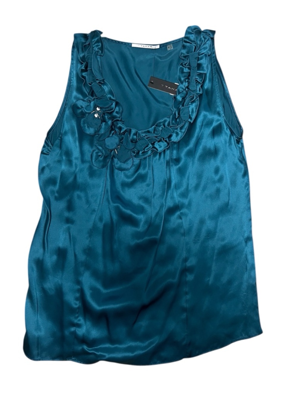 Tahari Silk Scoop Neck Top with Raised Beaded Flowers on the Neckline Green Med